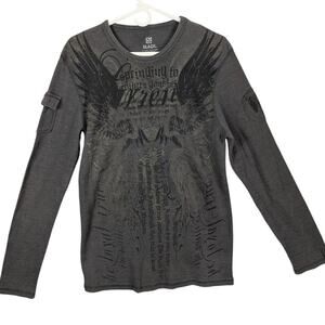 Y2K Grunge Shirt Mens Large Gray Long Sleeve Graphic Thermal Winged Cross